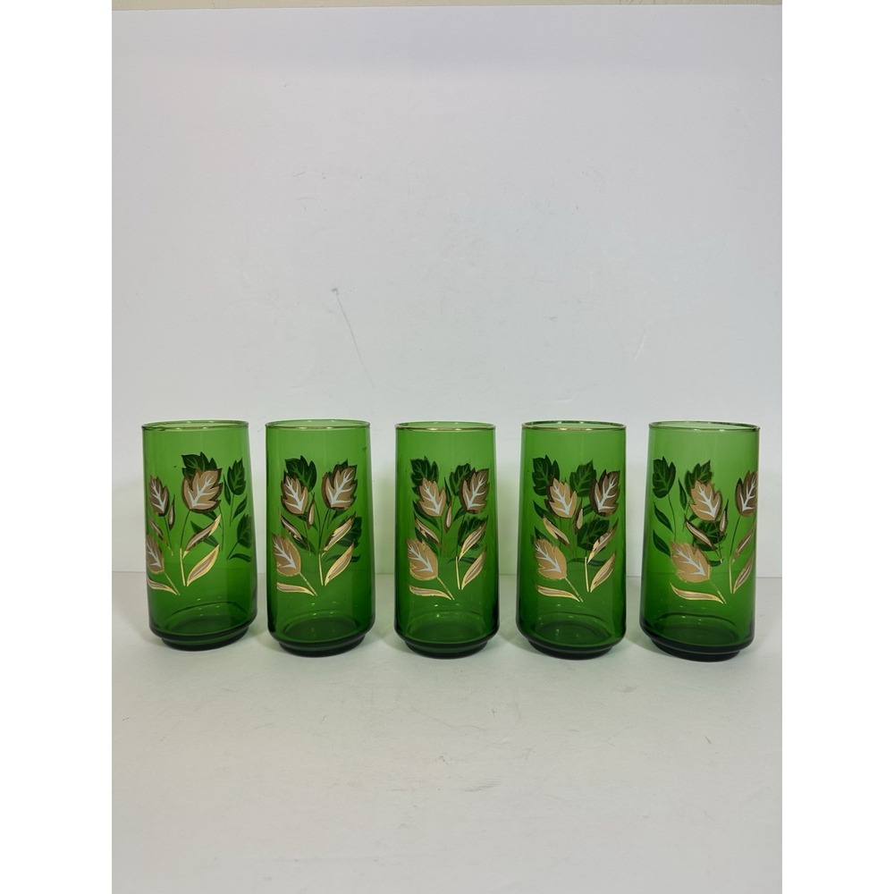 Emerald Green Glasses Tumblers 6" Gold Leaves Vtg MCM 12 oz Set Of 5